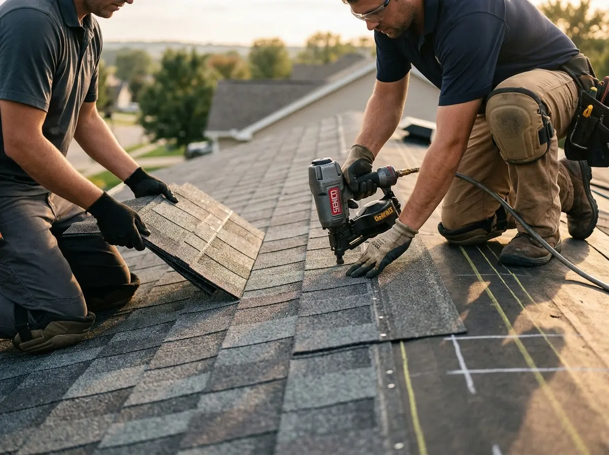 Professional roofer working on a residential roof in Goulds